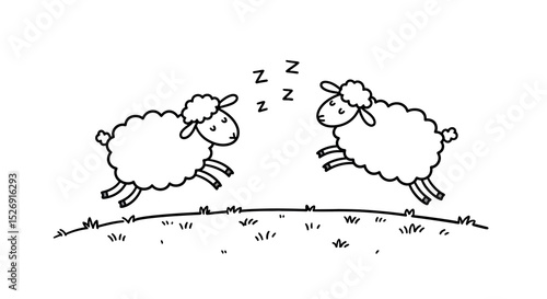 Two cartoon sheep jumping over hill pasture in black and white line art vector illustration