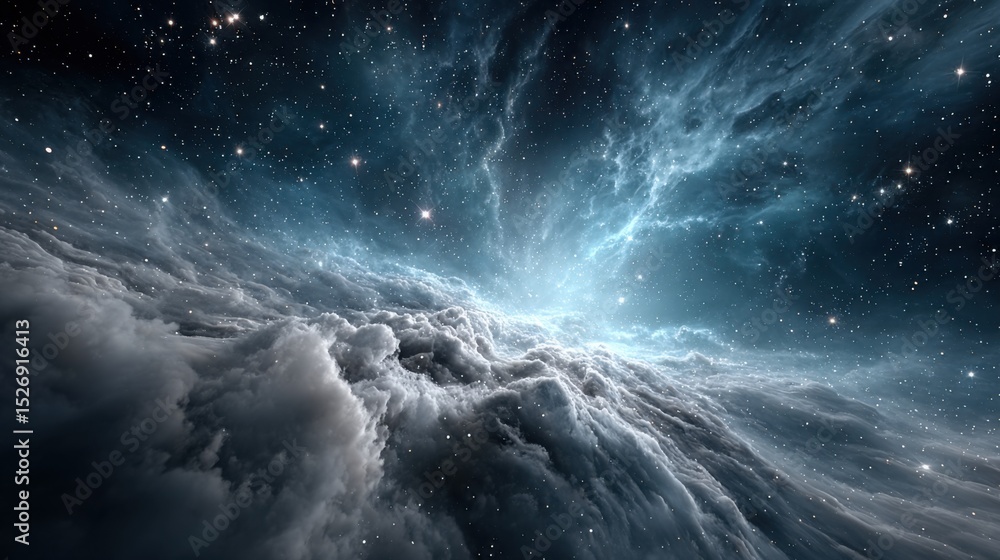 Fototapeta premium A breathtaking cosmic explosion fills deep space with luminous clouds and shining stars. Swirling structures create an awe-inspiring view of the universe's beauty and mystery.