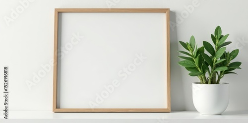 Elegant picture frame, green plant on white shelf, clean, modern