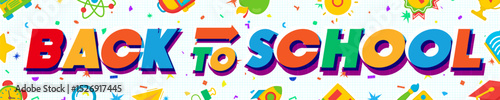 School banner modern typography on school supplies background cartoon style for poster, post social media. Vector 10 eps