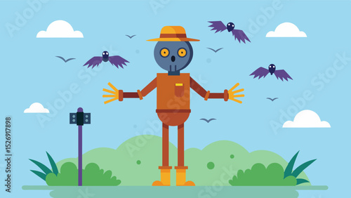 A smart scarecrow equipped with AI sensors is able to detect the presence of pest birds and automatically emits a sound or movement to scare them away.. Vector illustration