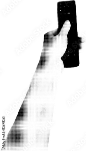 Halftone Hand Holding TV Remote with Thumb on Button – Black and White Vertical Vector