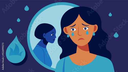 A woman looking in the mirror tears streaming down her face as she struggles to remember who she is and why she feels so overwhelmed. Her confusion and frustration with her. Vector illustration