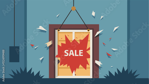 A torn For Sale sign hangs on the entrance the owners dreams and hard work no match for the decline of the market.. Vector illustration