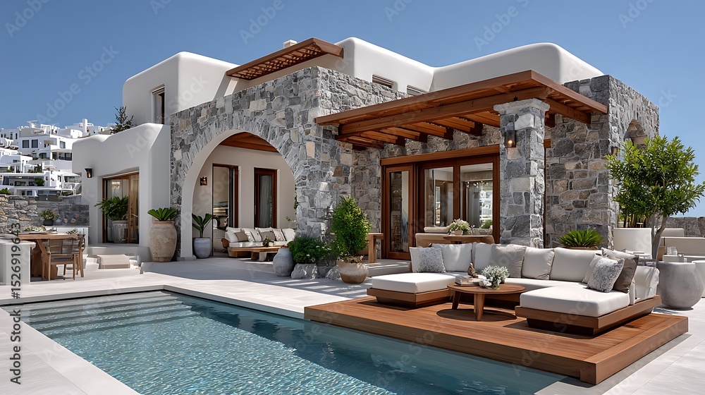Fototapeta premium Modern resort terrace overlooking sea and island villas high resolution photo