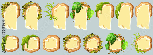 Wooden signboards with old paper, stems ivy, liana, grapes, vine, swamp moss, forest lichen. Set blank invitations, maps, jungle plants. 3d elements for messages, banners, notebooks, mobile games.