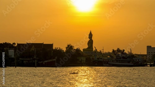 Timelapse 4K Sunset Behind Buddha Statue at Mahachai, Samut Sakhon, Thailand