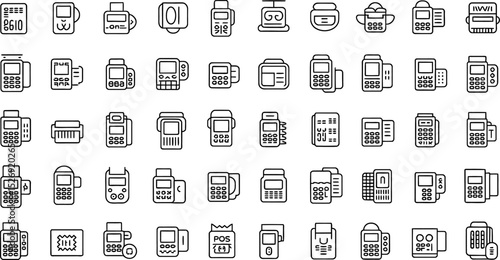 Set of minimalist line art illustrations of various point of sale terminal devices