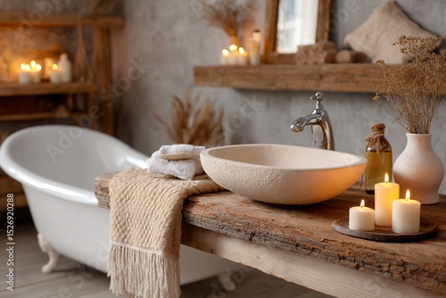 Rustic bathroom with wooden decor and warm candlelight ambiance