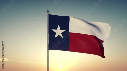 Texas state flag waving at colorful sunset sky. Lone Star flag with red white and blue at dusk. Patriotic Texan banner during golden hour.