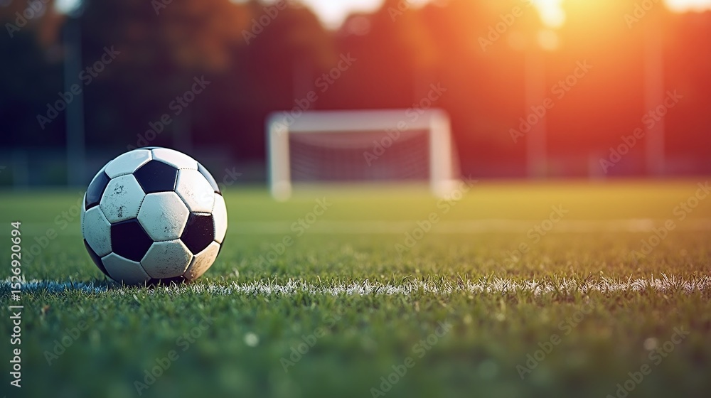 Obraz premium A soccer ball rests on a grassy field at sunset.