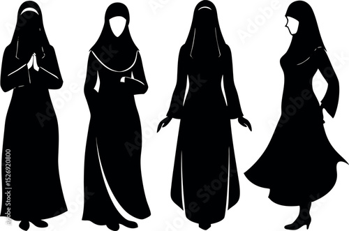 Four silhouettes of women in traditional full body covering garments