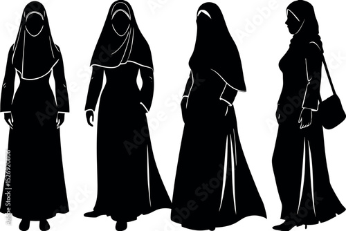 Silhouette representation of four women wearing different styles of Muslim clothing