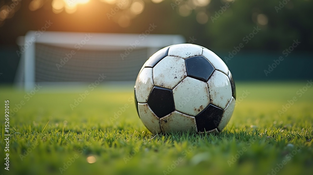 Fototapeta premium The pristine soccer ball rests on the lush green field.