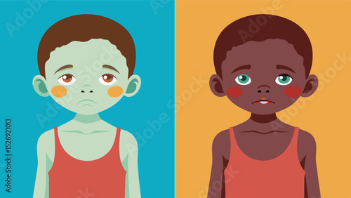 A before and after image of a malnourished child with the second image showing them healthier after receiving proper nutrition and care.. Vector illustration