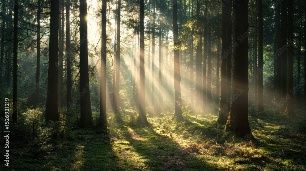 Fototapeta premium A photostock images of a forest with sunlight streaming through the trees