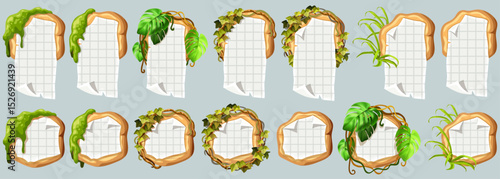 Wooden signboards with old paper, stems ivy, liana, grapes, vine, swamp moss, forest lichen. Set isolated wooden elements with blank, with ragged square graph paper, school math sheet. 