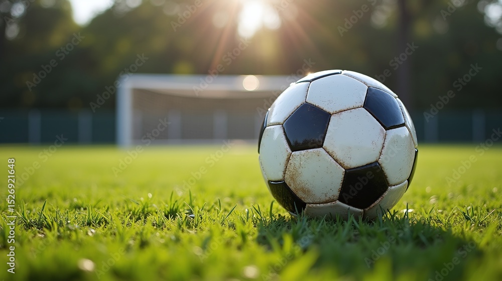Obraz premium A soccer ball on lush green grass, with golden sunlight.