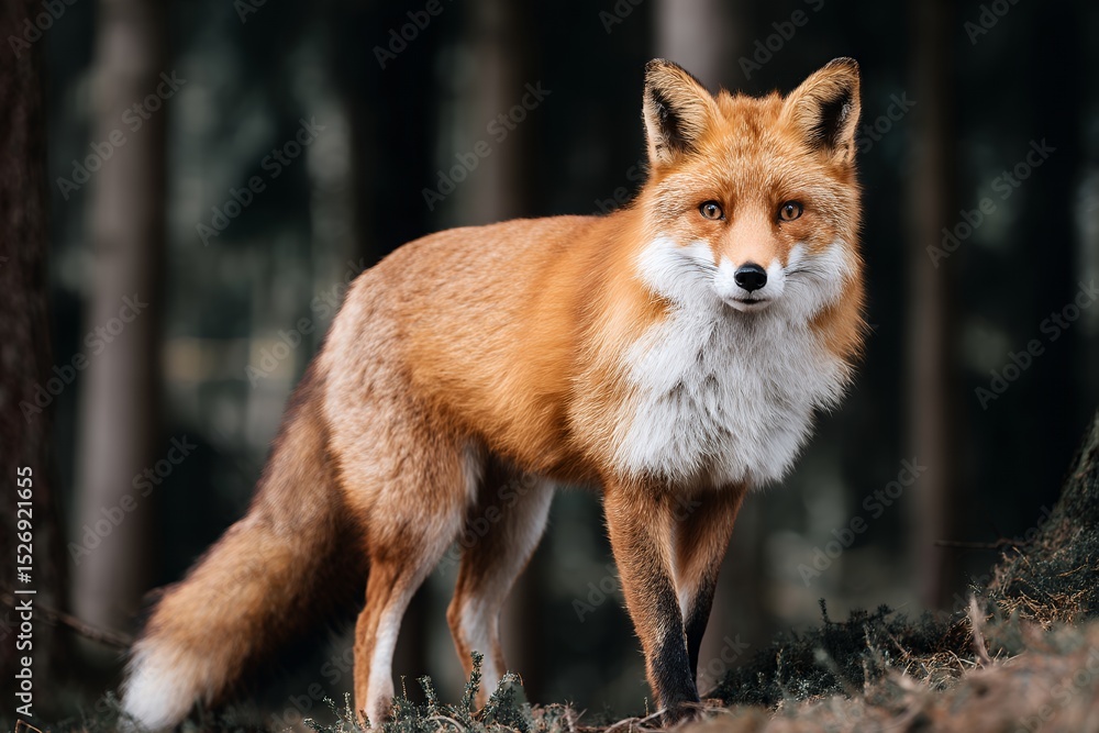 Fototapeta premium Alert red fox standing in forest