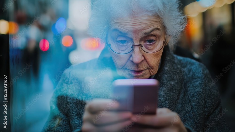 Elderly woman with obscured face is using a smartphone with a blurred background Elderly woman with obscured face is using a smartphone with a blurred background