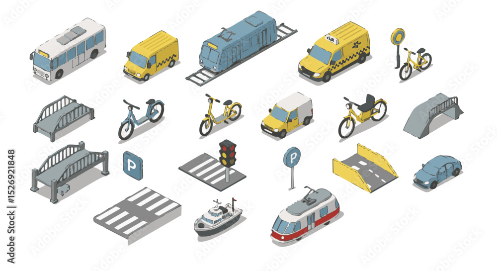Isometric Urban Transport Icons with Bus, Tram, Scooter, Ferry