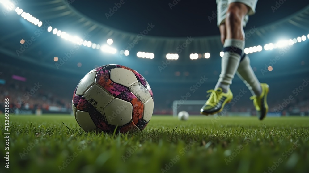 Naklejka premium A soccer ball on grass, lights in the background.