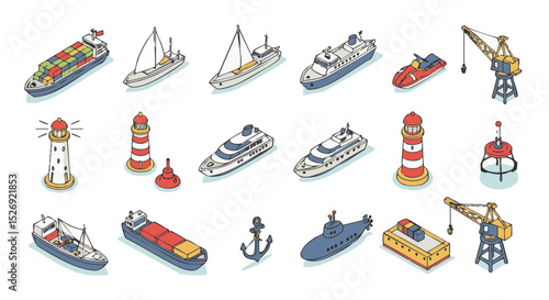 Isometric Marine Transport Icons with Ship, Yacht, Submarine, Buoy