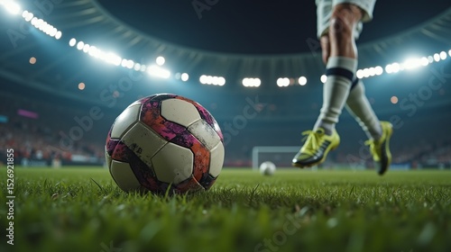 A soccer ball on grass, lights in the background.