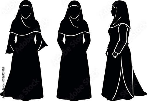 Three Different Views of a Woman Wearing a Traditional Muslim Dress