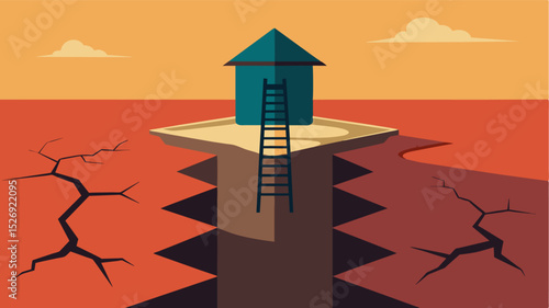 A large crack runs down the side of the well disintegrating it slowly as the drought continues to take its toll.. Vector illustration