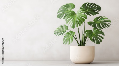 Indoor potted monstera plant with large leaves in a neutral planter