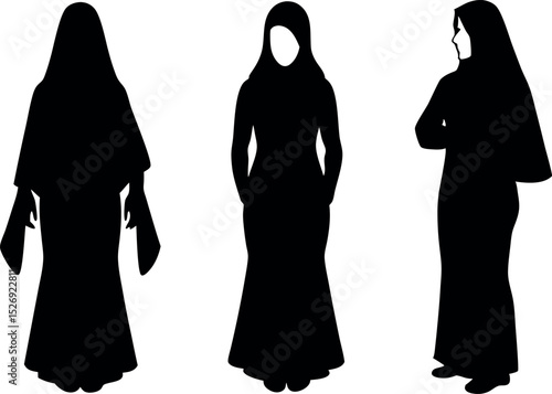 Silhouette of three Muslim women in various poses wearing traditional clothing