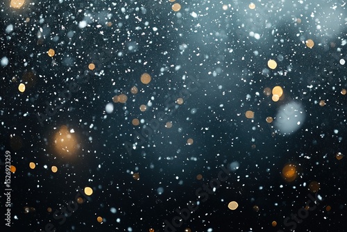 Falling snow at night with golden bokeh lights