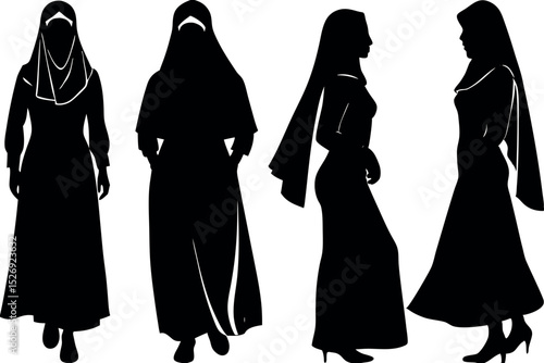 Silhouettes of women in traditional Islamic clothing, showcasing cultural diversity and style