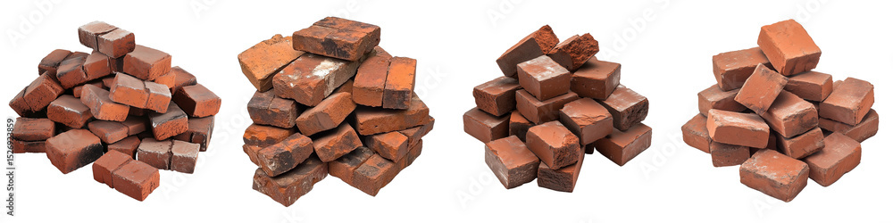 Set of piles of bricks on transparent background, pile of old red bricks, pile of separated red bricks, pile of bricks next to the wall, separated red bricks, pile of broken bricks Set of piles of bricks on transparent background, pile of old red bricks, pile of separated red bricks, pile of bricks next to the wall, separated red bricks, pile of broken bricks