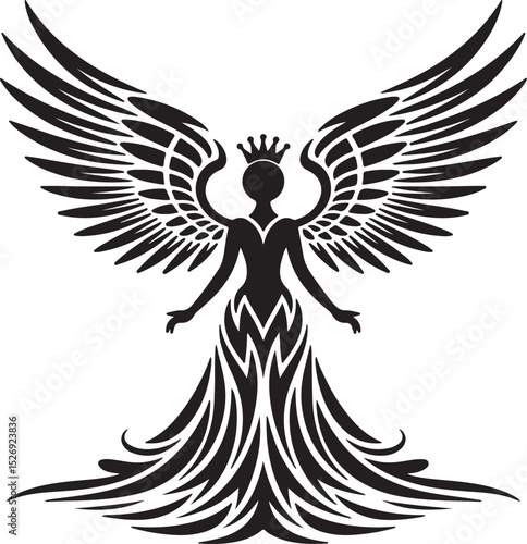 Angel wings vector illustration with flying woman in fantasy art style