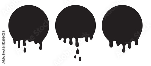 Circle melt icon, paint drip, chocolate and milk drop, cream caramel melt, round liquid splatter isolated on white background. Flow down stain border set, black silhouette. Simple vector illustration