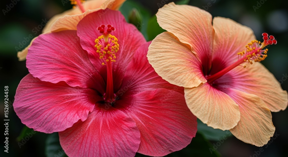Fototapeta premium Hibiscus Blossom Duo - Two vibrant hibiscus flowers, one pink and one peach, in full bloom. Close-up view showcasing intricate details