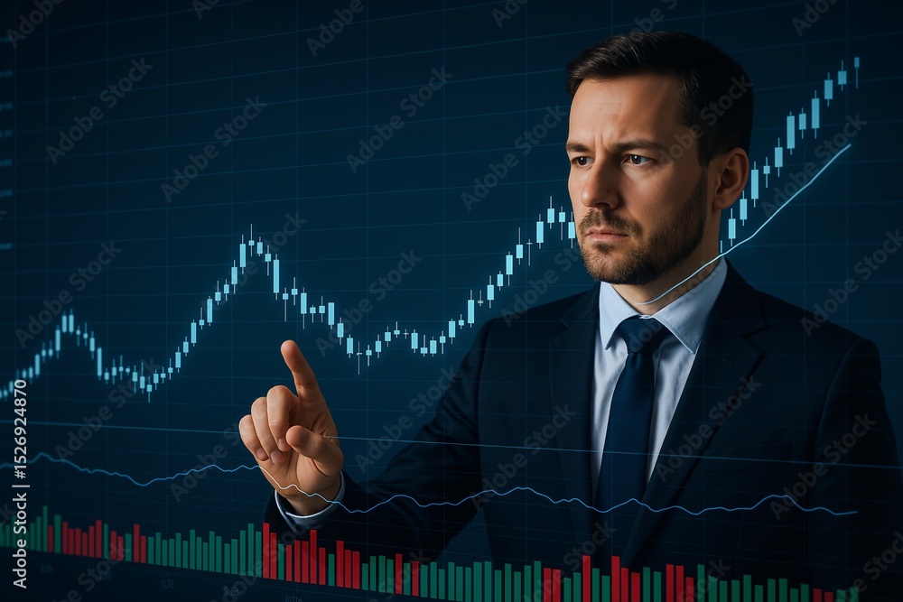 Professional Male Analyst Analyzing Stock Market Trends on a Digital Screen in a Dark Corporate Environment, Showcasing Financial Growth through Data Visualization Professional Male Analyst Analyzing Stock Market Trends on a Digital Screen in a Dark Corporate Environment, Showcasing Financial Growth through Data Visualization