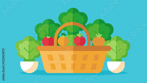 A basket containing a couple of tiny heads of lettuce and a handful of scrawny radishes representing the struggle of individuals and families facing food insecurity.. Vector illustration