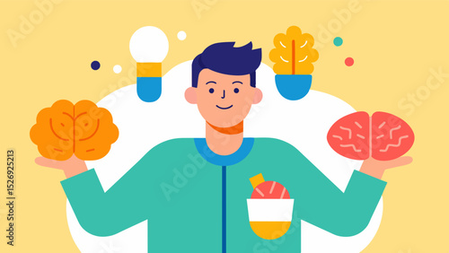 BrainBoosting Supplements A colorful illustration of a person holding various brainboosting supplements such as omega3 fatty acids and vitamin B12 with a caption that reads Support. Vector