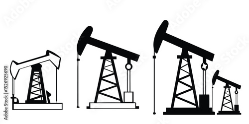 Silhouettes of oil pump jack machines in various sizes isolated on white background