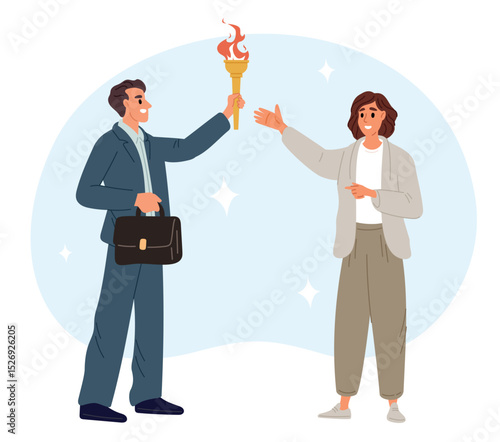 Passing leaders burning torch to newly elected chief. Competition winner. Business leadership. Flambeau combustion. People holding torchlight ignition. Challenge victory. Vector concept