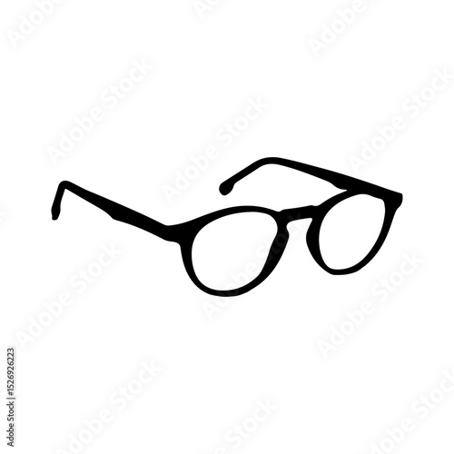 Illustration of black framed glasses with round lenses and temples on a white background view from side