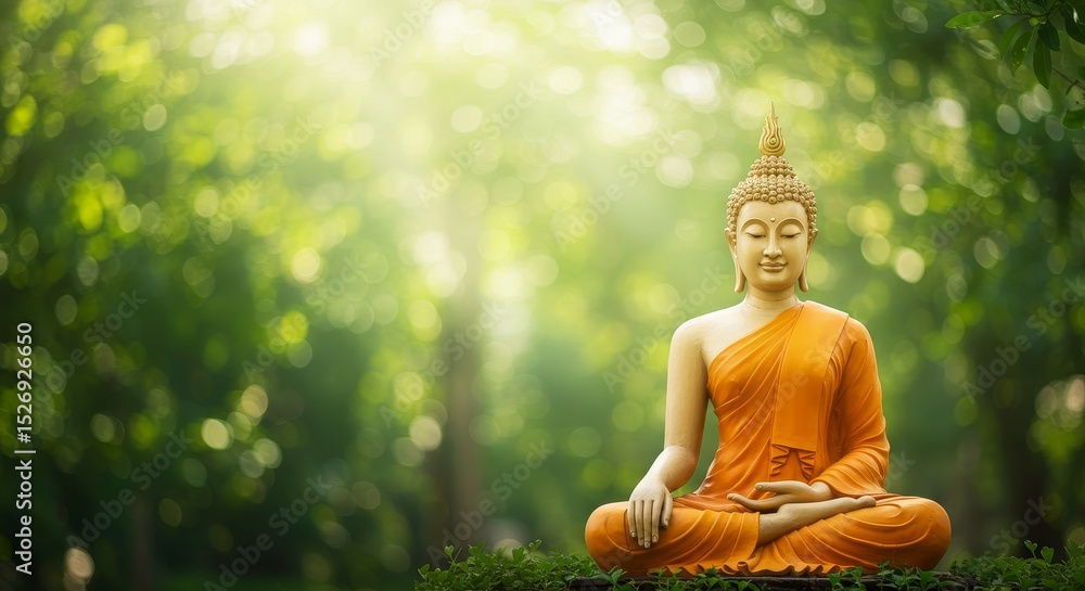 Serene Buddha Statue in Lush Garden - Golden Buddha statue meditating peacefully in a vibrant green garden, sunlight streaming through leaves. Tranquil and spiritual Serene Buddha Statue in Lush Garden - Golden Buddha statue meditating peacefully in a vibrant green garden, sunlight streaming through leaves. Tranquil and spiritual