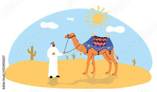 Man in light colored traditional clothes leads camel across sand in desert landscape. Male Arabian walk with animal. Bedouin caravan. Adventure travel. Sahara journey. Vector concept