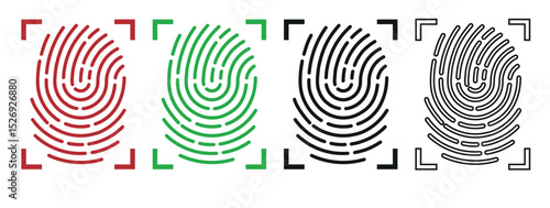 Human fingerprint icons. Finger prints scanning. Silhouette thumbprints in scan frame. ID authorization technology. Identification sign. Fingermark verification scanner. Vector symbols set