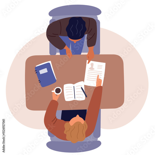 Hiring manager interviews candidate for position top view. Office employee recruit. People sitting at desk. Business workers recruitment. Communication about resume. Vector concept