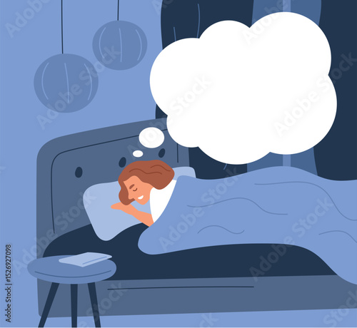 Happy woman sleeps in bed at night and dreams. Bedtime imagination white speech bubble. Sleepy girl lying under blanket in dark room. Nighttime rest in home bedroom. Vector concept