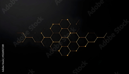 Abstract geometric pattern with ultra-thin gold hex grid on matte black background for luxury industry design